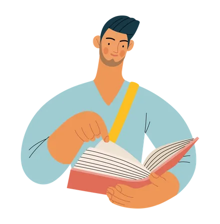 Male college student reading book Illustration