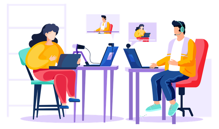 Male communicates online with girl on webcam  Illustration
