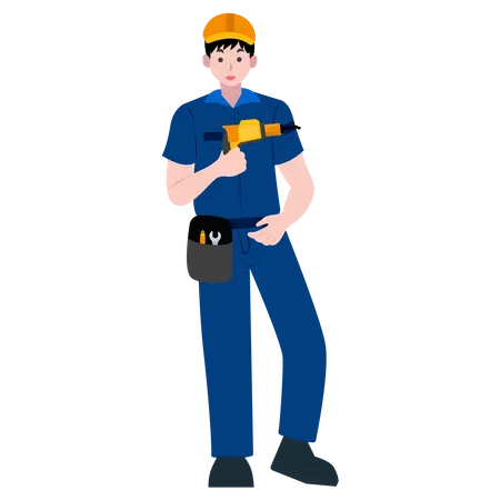 Male Construction worker holding drill machine  일러스트레이션