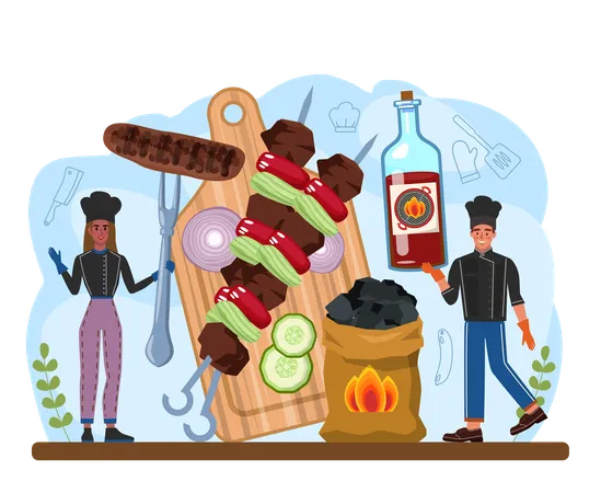 Male cook and female cook making bbq food  Illustration