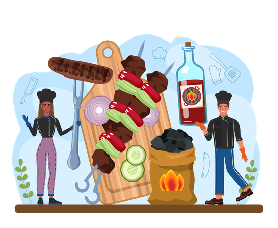 Male cook and female cook making bbq food  Illustration
