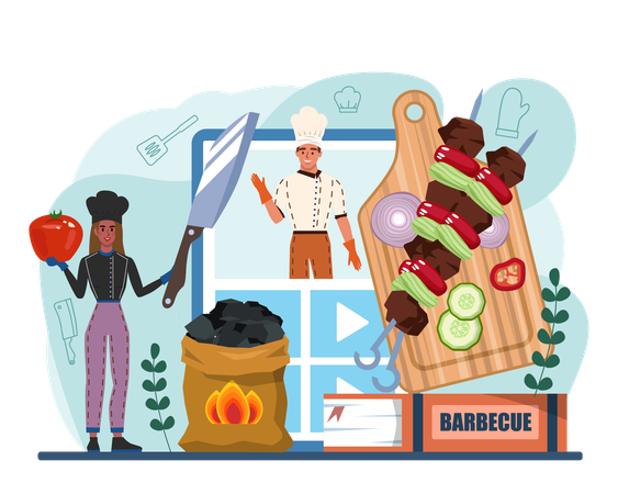 Male cook and female cook making online bbq food  Illustration