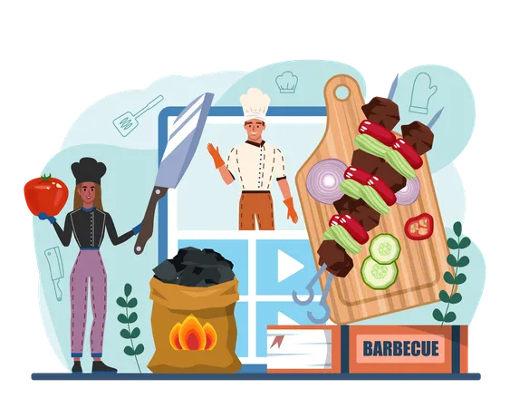 BBQ Steak Online Service Or Platform Grilled Meat With Vegetables Barbecue With A Hot Sauce Sausage Pork And Beef Kebab Video Blog Flat Vector Illustration Illustration