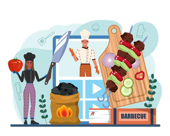 Male cook and female cook making online bbq food  イラスト