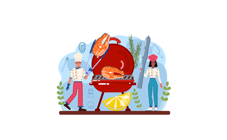 Male cook cooking grilled salmon  Illustration