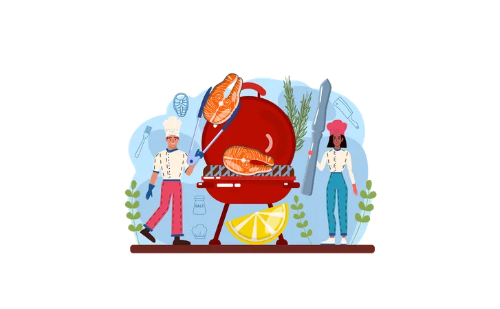 Male cook cooking grilled salmon  イラスト