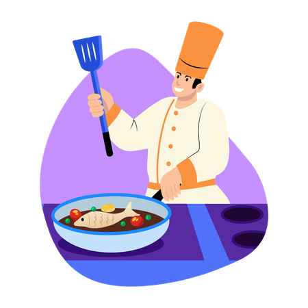 Male cook frying fish while holding spatula and frying pan  Illustration