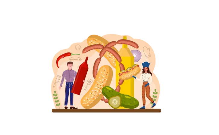 Male cook making hot dog  イラスト