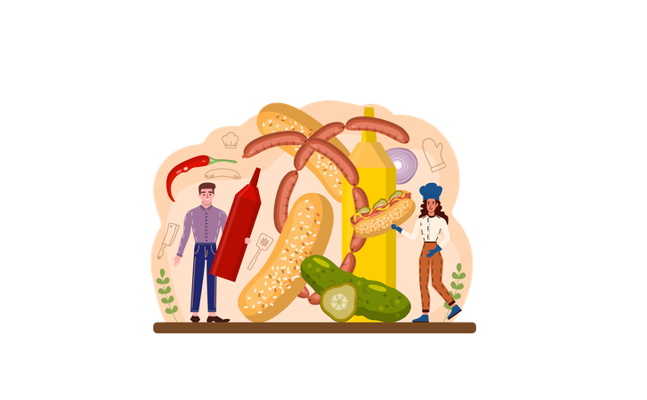 Male cook making hot dog  Illustration