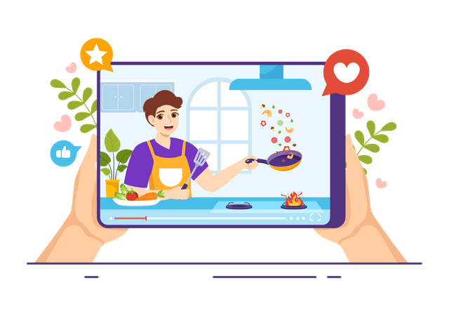 Male cook shooting cooking video  Illustration