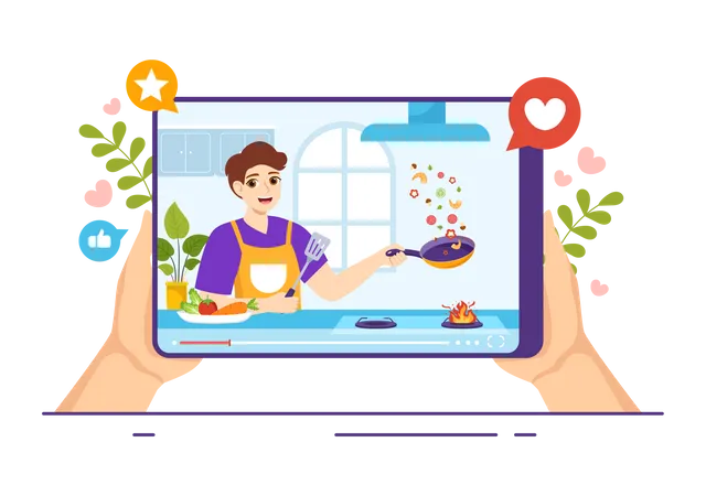 Male cook shooting cooking video  Illustration