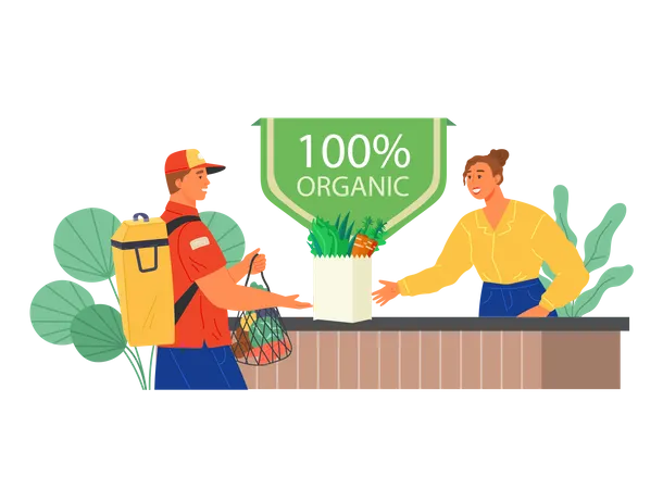 Male courier buys organic products for customer  Illustration