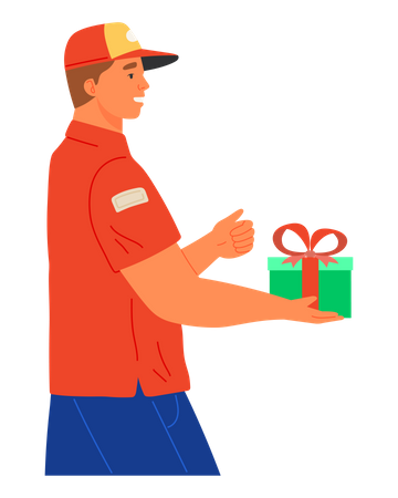 Male courier delivers packed box of holiday gift Illustration