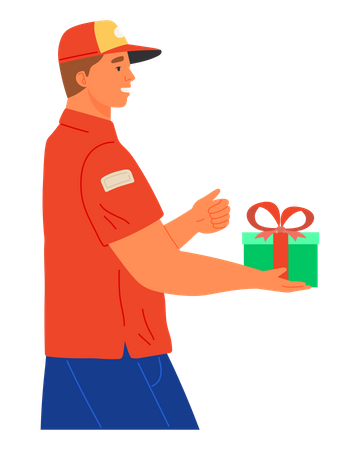 Male courier delivers packed box of holiday gift  Illustration