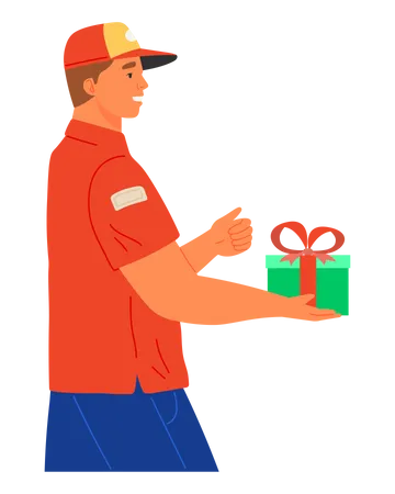 Male courier delivers packed box of holiday gift  Illustration