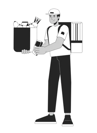 Indian Male Courier Groceries Black And White 2 D Line Cartoon Character South Asian Man In Uniform Isolated Vector Outline Person Holding Food Bag Delivery Monochromatic Flat Spot Illustration Illustration