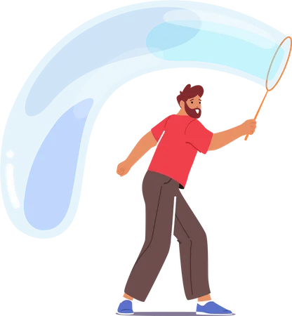 Man Entertains With A Soap Bubble Show Male Character Creating Mesmerizing Colorful Bubbles Of Various Shapes And Sizes Captivating The Audience Cartoon People Vector Illustration Illustration