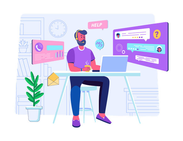 Male customer care agent attending support call  Illustration