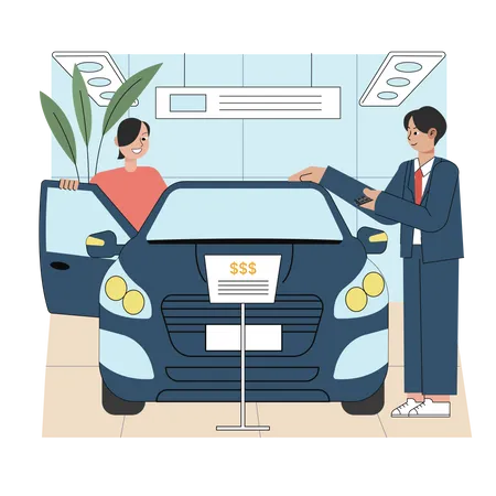 Male customer trying new car at showroom  Illustration