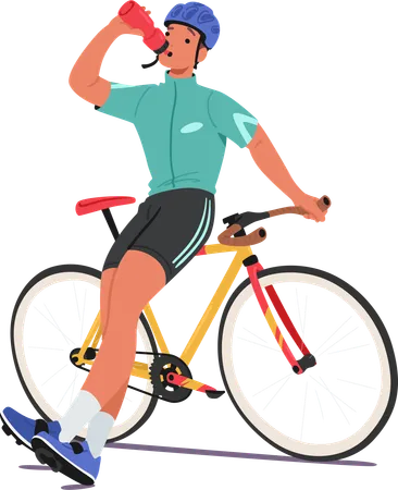 Serene Cyclist Character Perched On The Bike Frame Savors A Moment Of Repose Sipping Cool Water Embodying Tranquility Of A Well Earned Break In The Midst Of Athletic Endeavor Vector Illustration Illustration