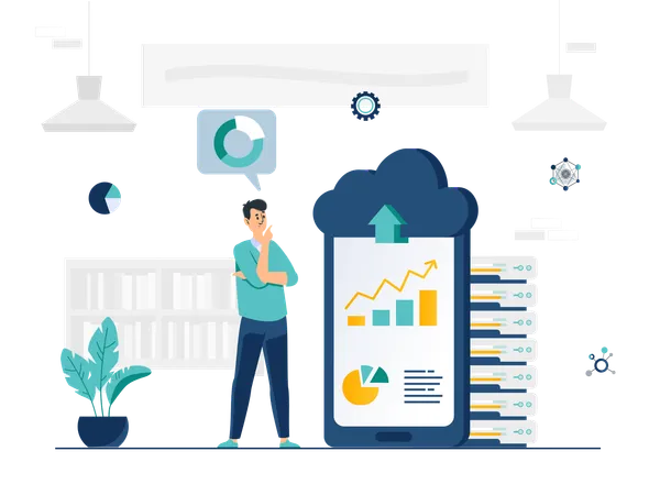 Male data scientist doing cloud data analysis  Illustration