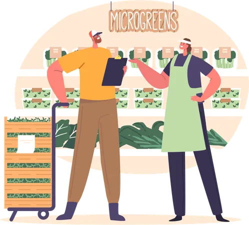 Male Character Delivering Fresh Microgreens To The Local Market Store Ensuring A Burst Of Green Goodness For Health Conscious Shoppers Farmer Man Produce Greens Cartoon People Vector Illustration Illustration