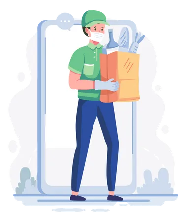 Male delivery executive delivering food at doorstep Illustration