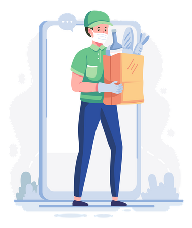 Male delivery executive delivering food at doorstep  Illustration