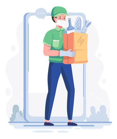 Male delivery executive delivering food at doorstep  Illustration