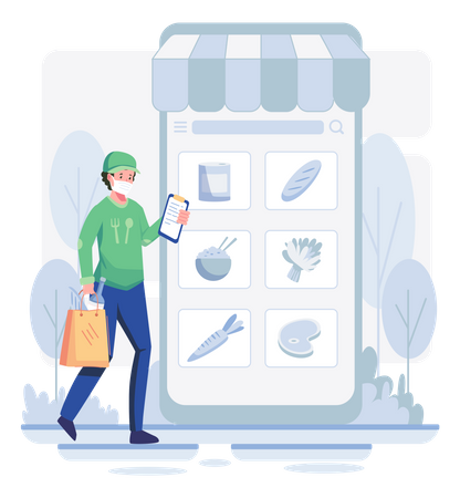 Male delivery executive delivering food ordered online  Illustration