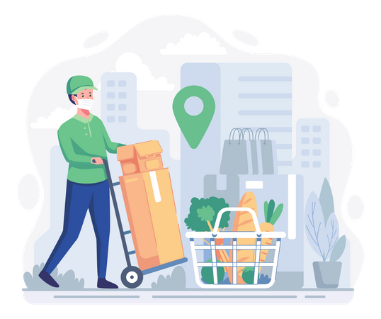 Male delivery executive delivering groceries at specified location Illustration