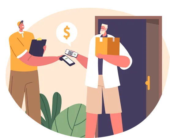 Male Character Uses Cashless Payment Man Swiftly Paid The Courier Using A Qr Code Simplifying The Transaction Process With A Quick Scan From His Mobile Device Cartoon People Vector Illustration Illustration