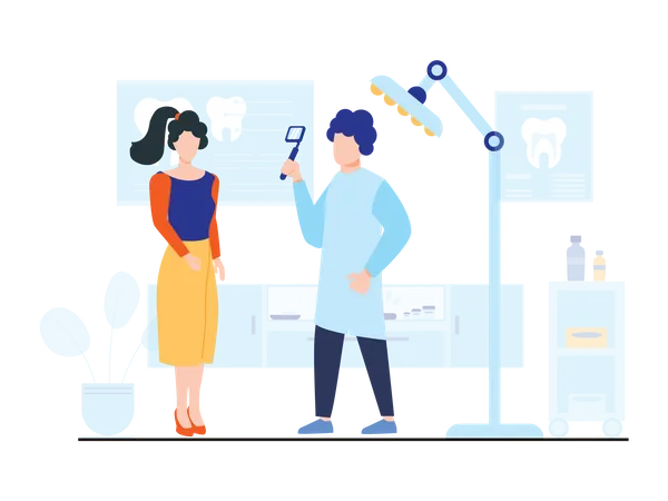 Male dentist examine female patient problems  Illustration