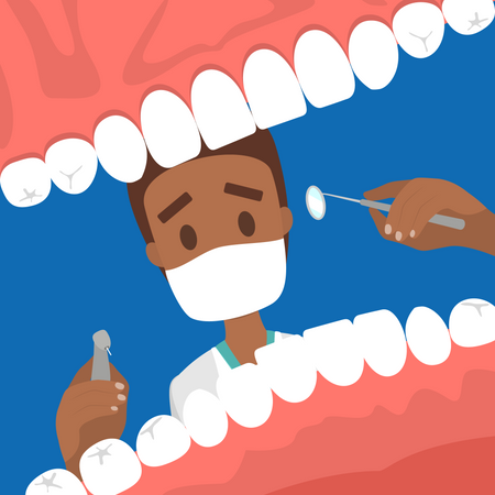 Male dentist looking into mouth of patient  Illustration