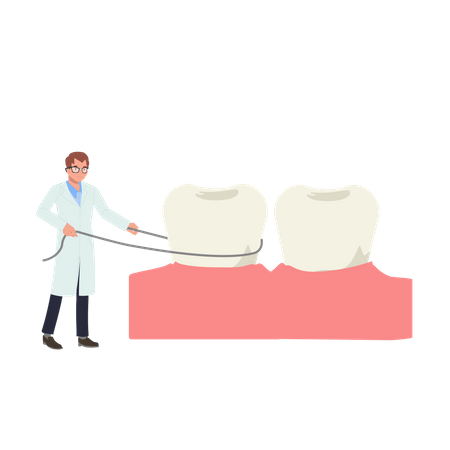 Dentiste masculin montrant comment utiliser le fil dentaire  Illustration