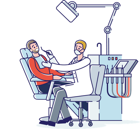 Male dentists examining patient lying in chair  Illustration