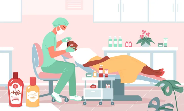 Male dermatologist treating female patient  Illustration