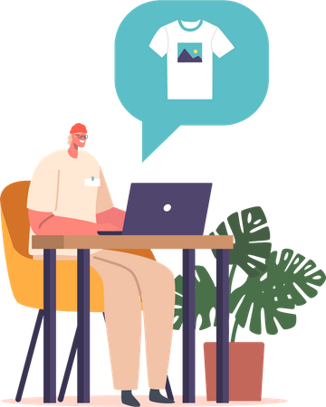 Male Designer Creates Unique T-shirt Print Using Laptop And Design Software  Illustration