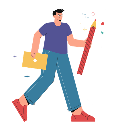 Male designer goes to do creative work holding laptop and pencil in his hands  Illustration