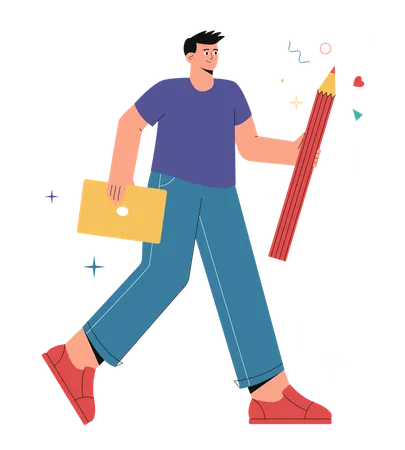 Male designer goes to do creative work holding laptop and pencil in his hands  Illustration