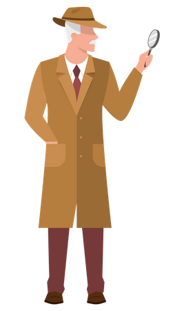 Male Detective in a coat holding a magnifier  イラスト