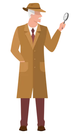 Illustration Of Male Detective In Coat Holding A Magnifier Envestigator Search For A Clue Illustration