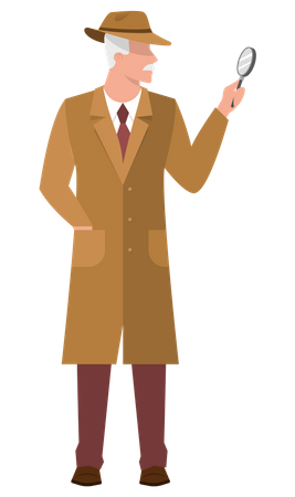 Male Detective in a coat holding a magnifier  Illustration