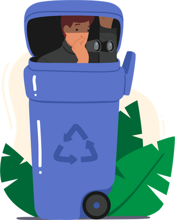 Male detective spying while hiding in dumpster Illustration
