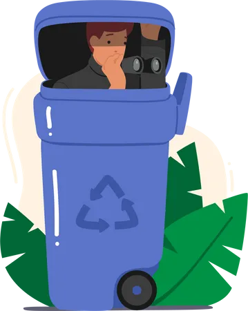Male detective spying while hiding in dumpster Illustration