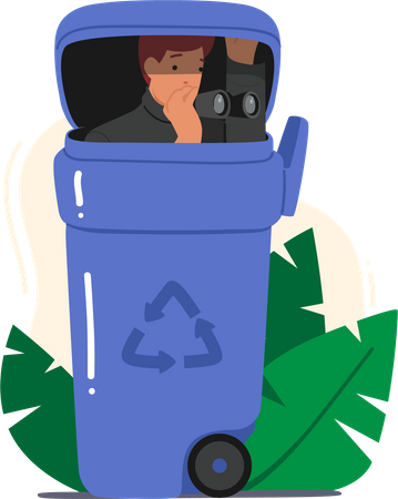 Male detective spying while hiding in dumpster  Illustration