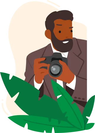 Male detective spying with photo camera Illustration