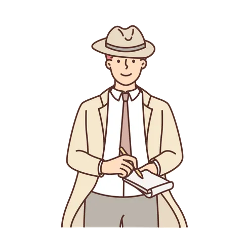 Male detective taking notes at crime scene  Illustration