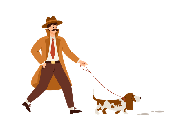 Male detective with dog engaged in research crime or search for evidence  Illustration