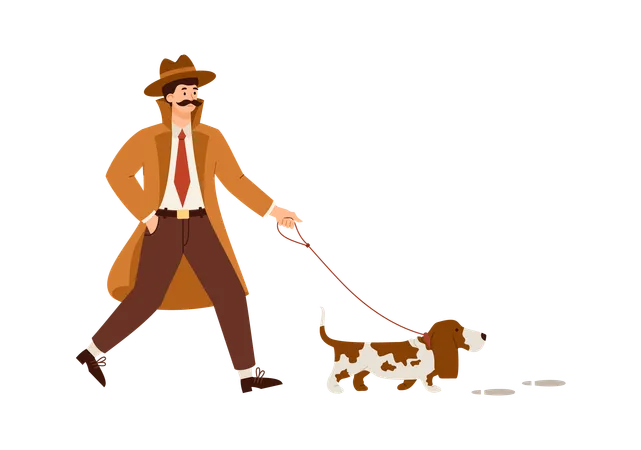 Male detective with dog engaged in research crime or search for evidence  Illustration